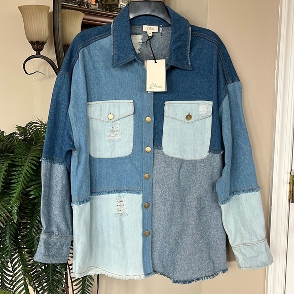 Brand New ELAN Patchwork Jacket Denim Button Up Jean Shacket Distressed Frayed - Picture 4 of 14